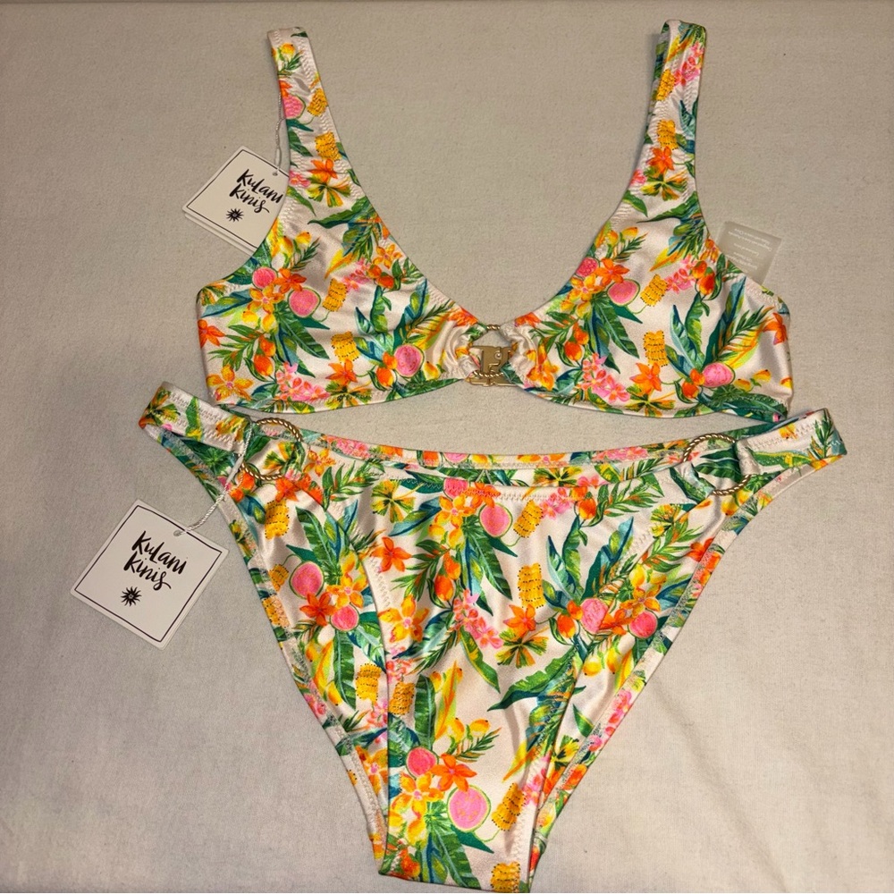 Kulani Kinis Golden Hour Bralette Tropical Floral‎ Bikini Bottom and Top Size L